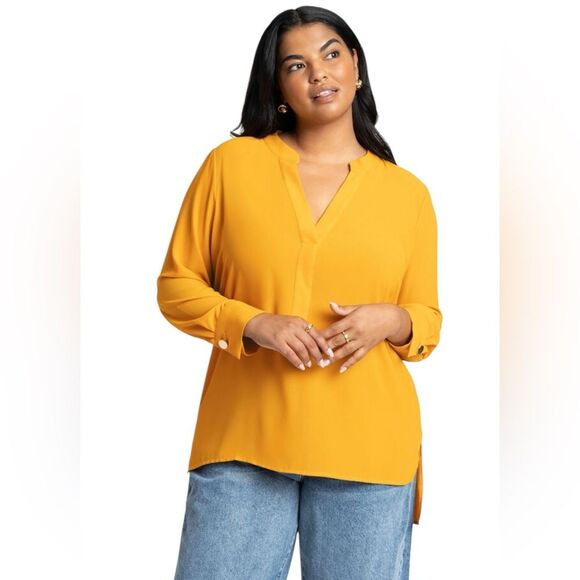 ELOQUII Mandarin Collar Tunic Blouse In Gold Womens Size 22 - Picture 1 of 13